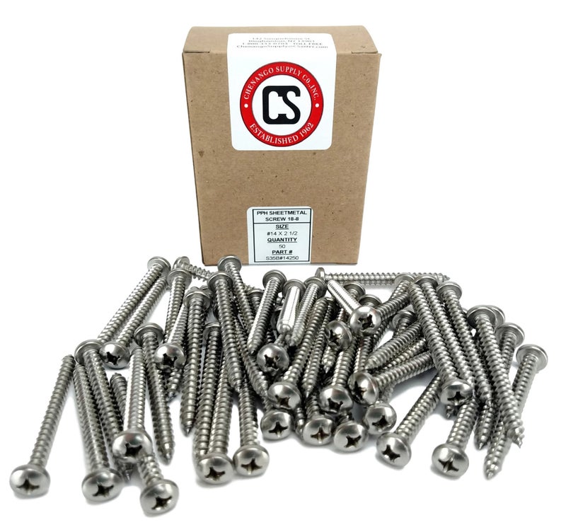 Chenango Supply #14 X 2-1/2" Stainless Phillips Pan Head Sheetmetal Screw (1/2" to 2-1/2" in Listing) 50 Sheet Metal Screws (#14 X 2-1/2") - Image 2